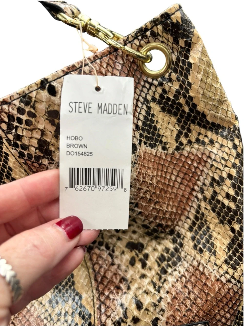 Steve Madden Faux Snakeskin Print Hobo Shoulder Bag Brown Gold Hardware NWT